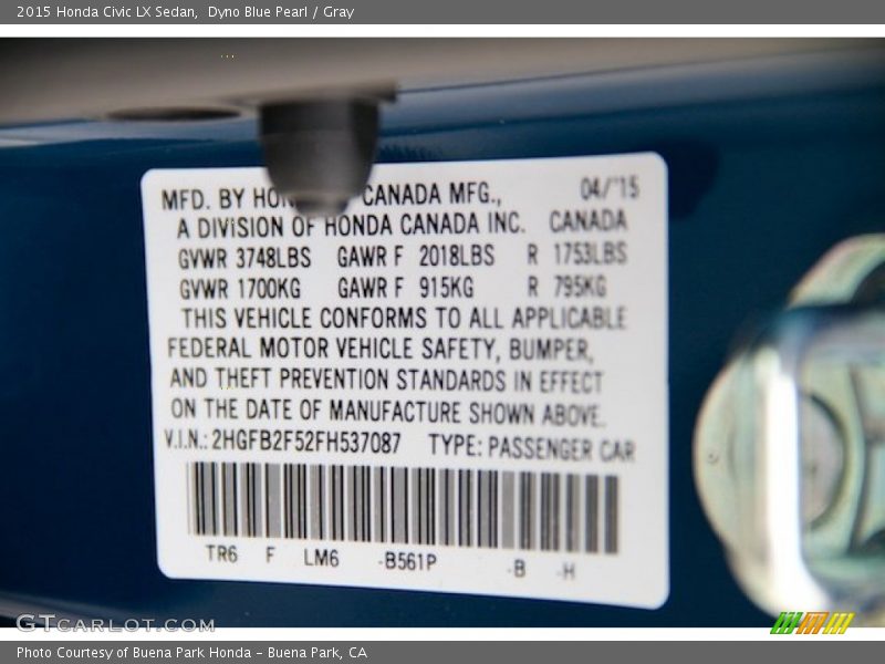 Dyno Blue Pearl / Gray 2015 Honda Civic LX Sedan