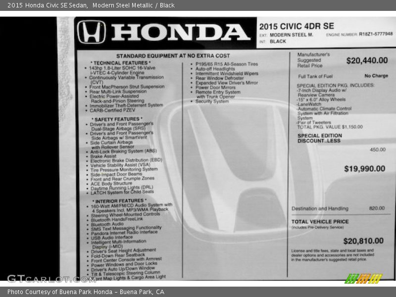 Modern Steel Metallic / Black 2015 Honda Civic SE Sedan