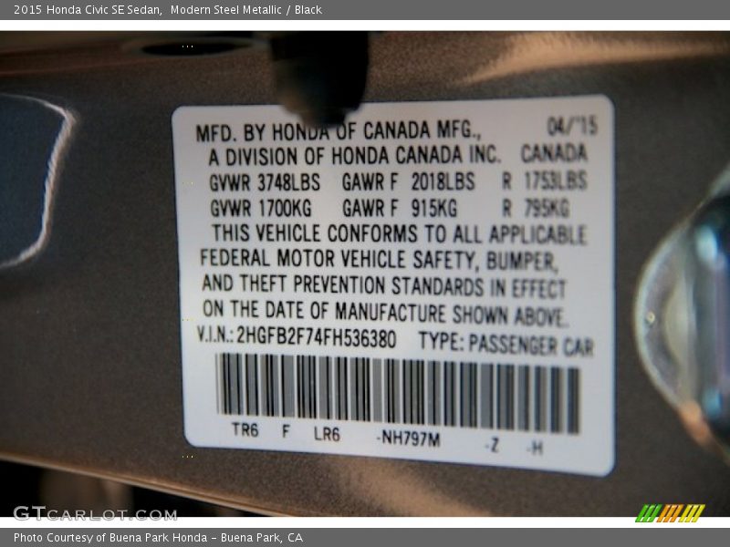 Modern Steel Metallic / Black 2015 Honda Civic SE Sedan