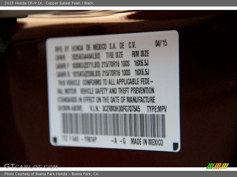 Copper Sunset Pearl / Black 2015 Honda CR-V LX