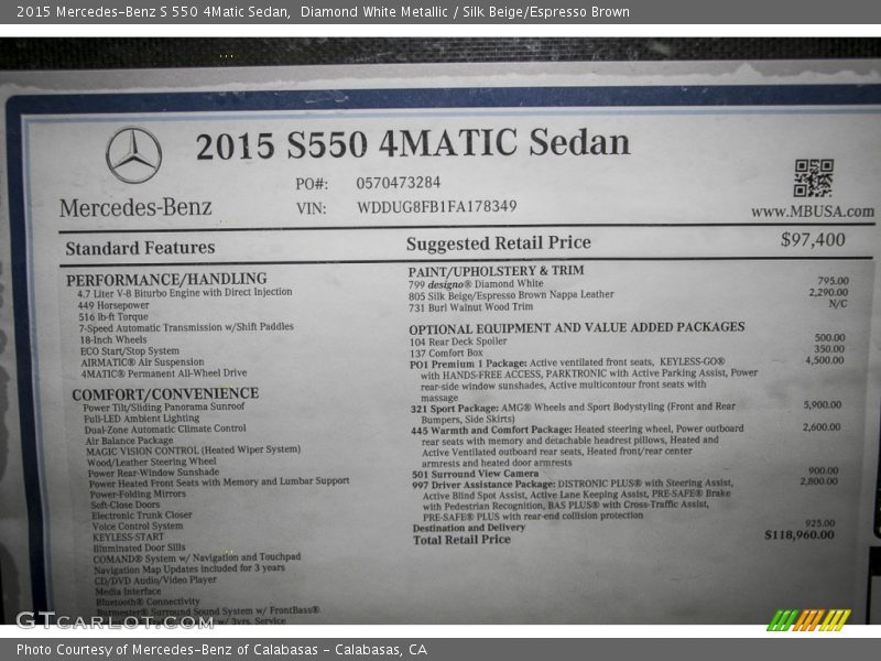 Diamond White Metallic / Silk Beige/Espresso Brown 2015 Mercedes-Benz S 550 4Matic Sedan