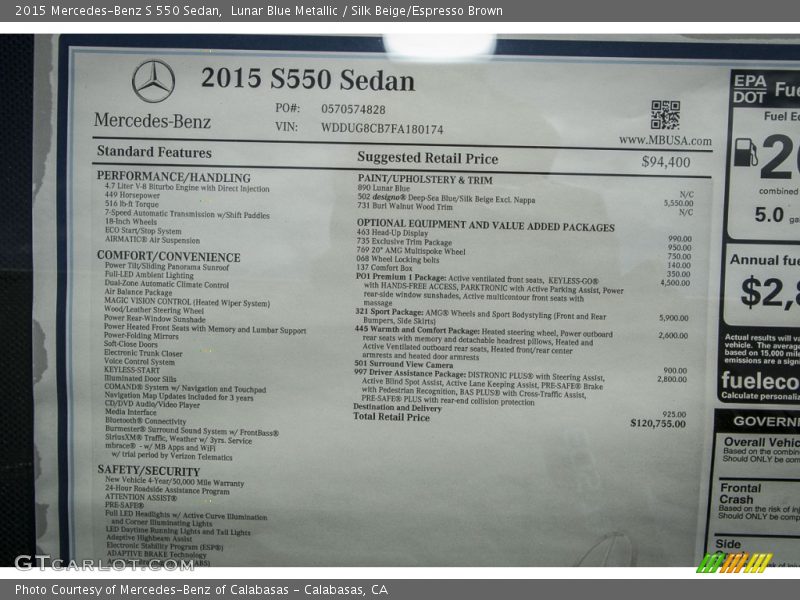 Lunar Blue Metallic / Silk Beige/Espresso Brown 2015 Mercedes-Benz S 550 Sedan
