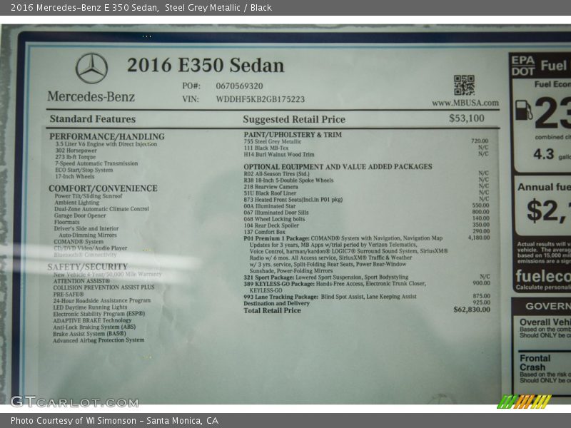Steel Grey Metallic / Black 2016 Mercedes-Benz E 350 Sedan