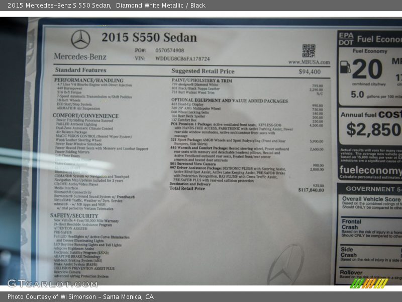 Diamond White Metallic / Black 2015 Mercedes-Benz S 550 Sedan