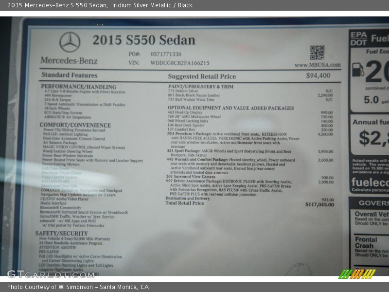Iridium Silver Metallic / Black 2015 Mercedes-Benz S 550 Sedan