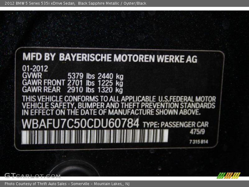 Black Sapphire Metallic / Oyster/Black 2012 BMW 5 Series 535i xDrive Sedan