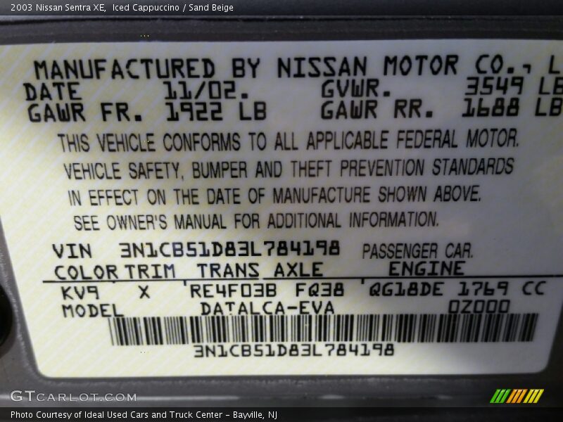 Iced Cappuccino / Sand Beige 2003 Nissan Sentra XE