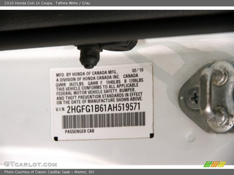 Taffeta White / Gray 2010 Honda Civic LX Coupe