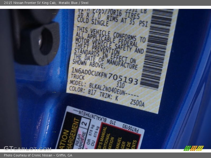 2015 Frontier SV King Cab Metallic Blue Color Code B17
