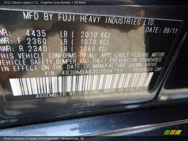 Graphite Gray Metallic / Off Black 2012 Subaru Legacy 2.5i
