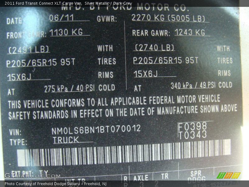 Silver Metallic / Dark Grey 2011 Ford Transit Connect XLT Cargo Van