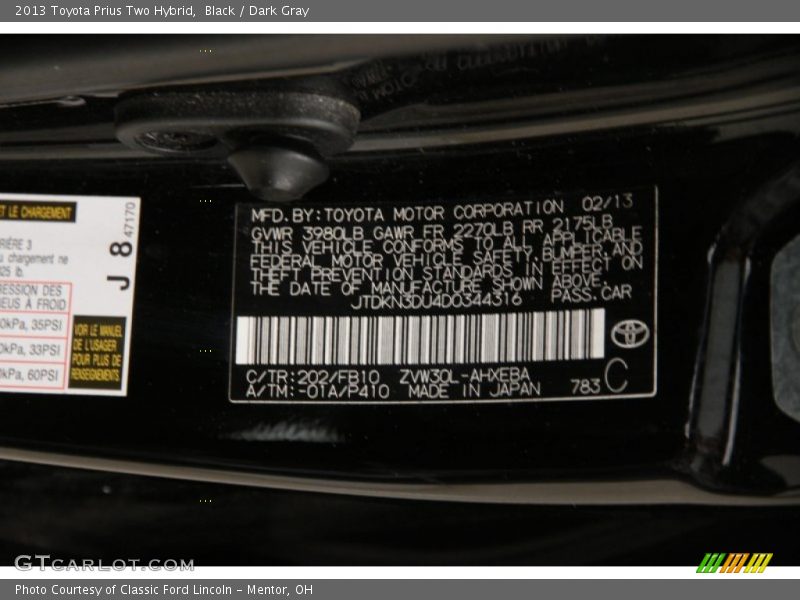 Black / Dark Gray 2013 Toyota Prius Two Hybrid