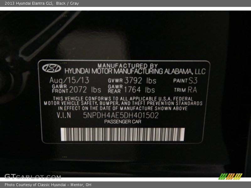 Black / Gray 2013 Hyundai Elantra GLS