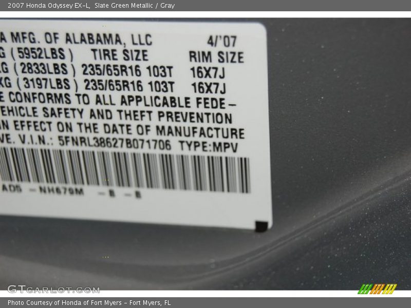 Slate Green Metallic / Gray 2007 Honda Odyssey EX-L