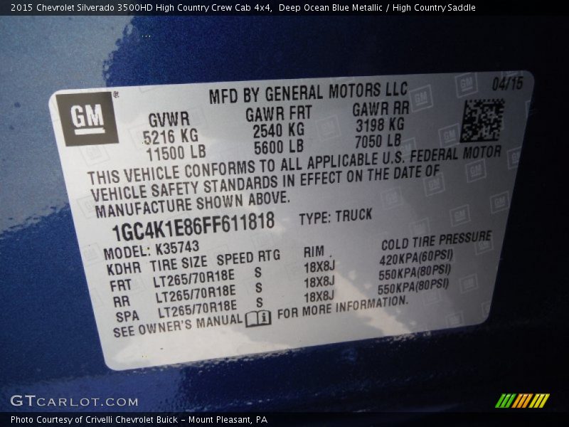 Deep Ocean Blue Metallic / High Country Saddle 2015 Chevrolet Silverado 3500HD High Country Crew Cab 4x4