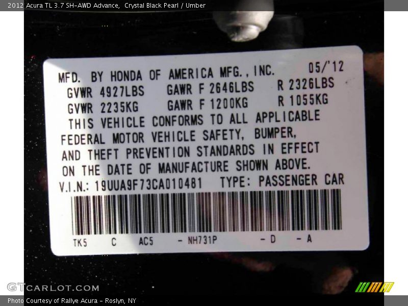 Crystal Black Pearl / Umber 2012 Acura TL 3.7 SH-AWD Advance