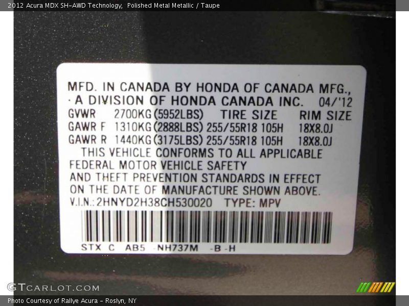 Polished Metal Metallic / Taupe 2012 Acura MDX SH-AWD Technology