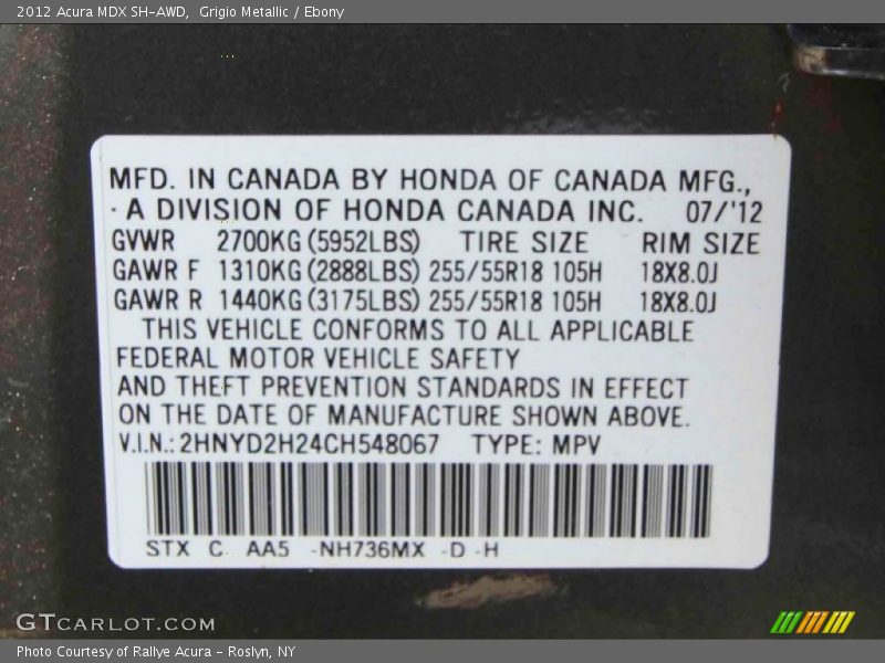 Grigio Metallic / Ebony 2012 Acura MDX SH-AWD