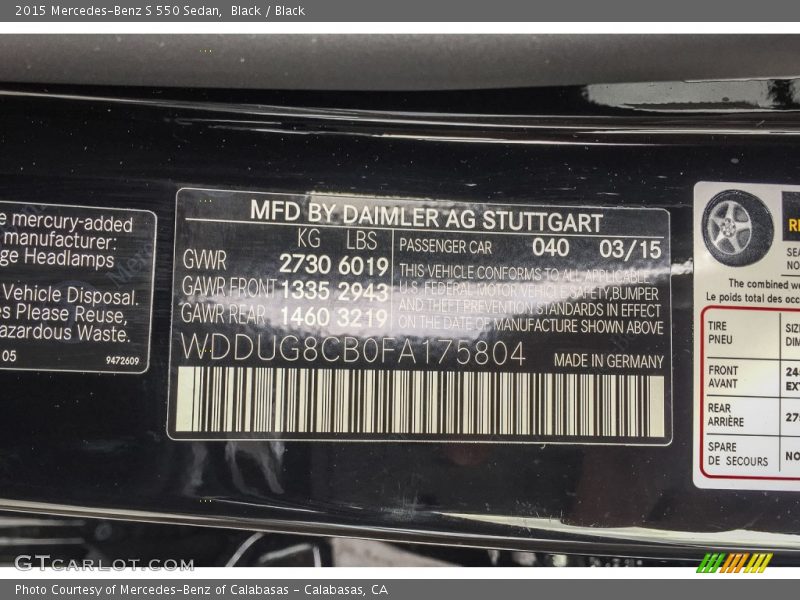 Black / Black 2015 Mercedes-Benz S 550 Sedan