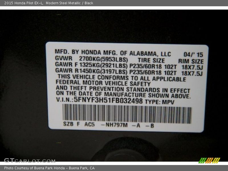 Modern Steel Metallic / Black 2015 Honda Pilot EX-L