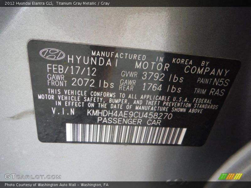 Titanium Gray Metallic / Gray 2012 Hyundai Elantra GLS