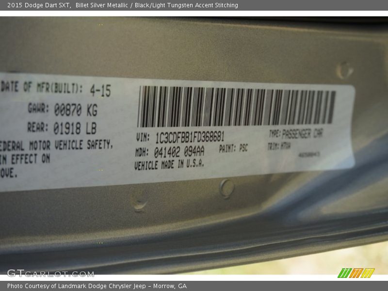 Billet Silver Metallic / Black/Light Tungsten Accent Stitching 2015 Dodge Dart SXT