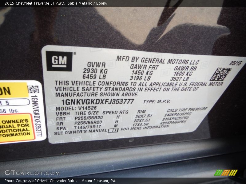 Sable Metallic / Ebony 2015 Chevrolet Traverse LT AWD