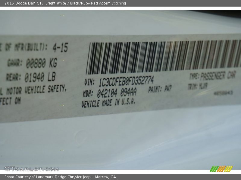 2015 Dart GT Bright White Color Code PW7