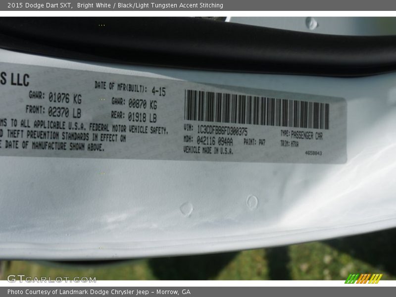 Bright White / Black/Light Tungsten Accent Stitching 2015 Dodge Dart SXT