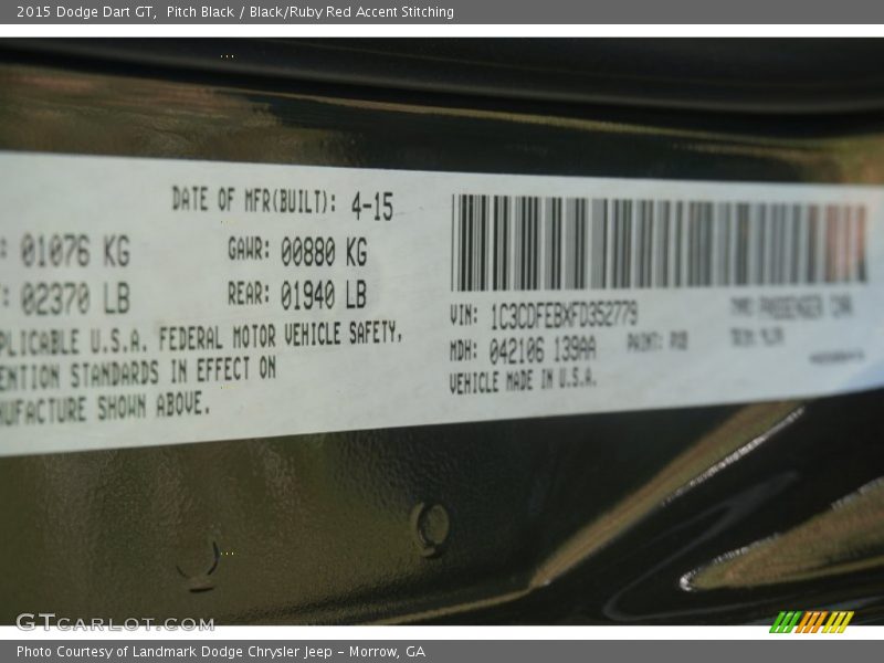 Pitch Black / Black/Ruby Red Accent Stitching 2015 Dodge Dart GT