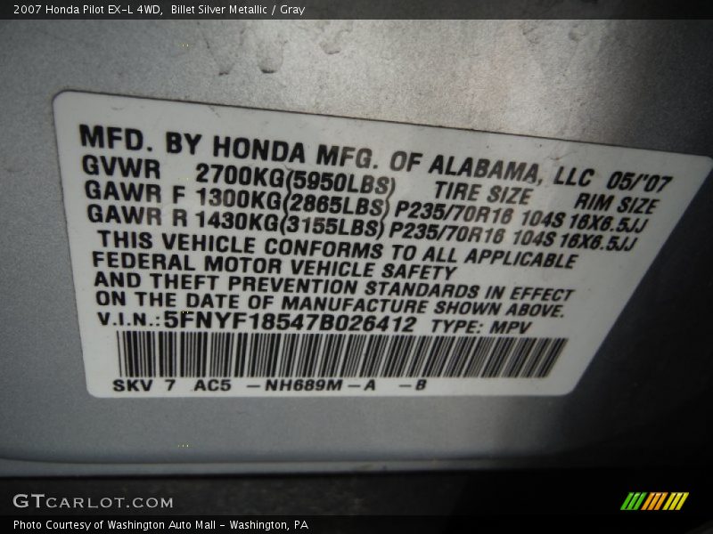 Billet Silver Metallic / Gray 2007 Honda Pilot EX-L 4WD