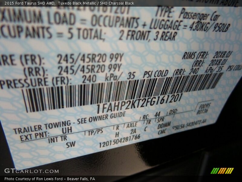 2015 Taurus SHO AWD Tuxedo Black Metallic Color Code UH
