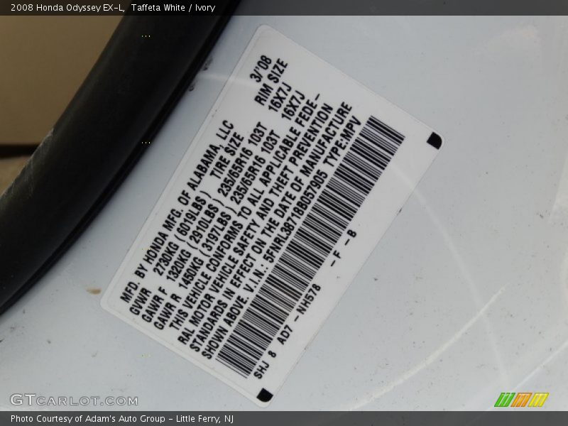 Taffeta White / Ivory 2008 Honda Odyssey EX-L