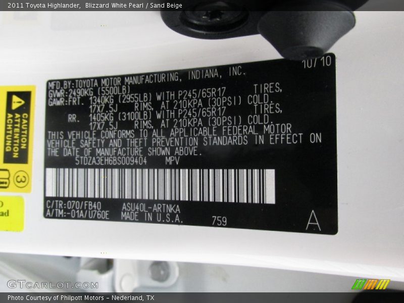 Blizzard White Pearl / Sand Beige 2011 Toyota Highlander
