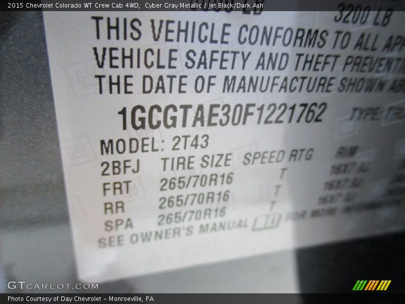 Cyber Gray Metallic / Jet Black/Dark Ash 2015 Chevrolet Colorado WT Crew Cab 4WD