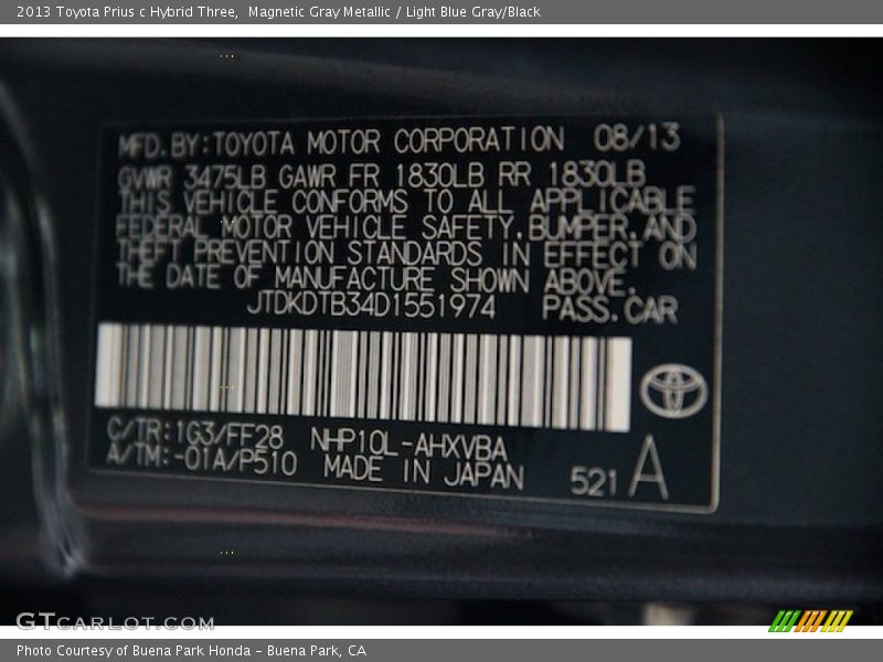 Magnetic Gray Metallic / Light Blue Gray/Black 2013 Toyota Prius c Hybrid Three