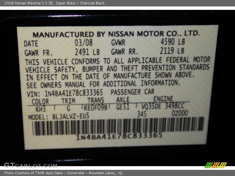 Super Black / Charcoal Black 2008 Nissan Maxima 3.5 SE