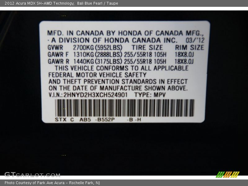 Bali Blue Pearl / Taupe 2012 Acura MDX SH-AWD Technology