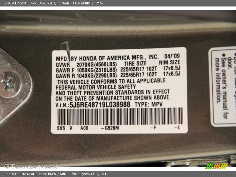 Green Tea Metallic / Ivory 2009 Honda CR-V EX-L 4WD