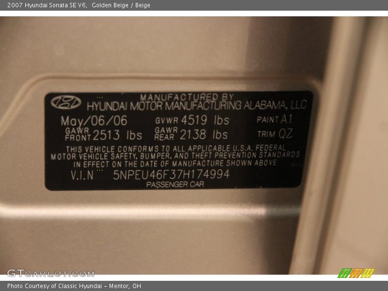 Golden Beige / Beige 2007 Hyundai Sonata SE V6