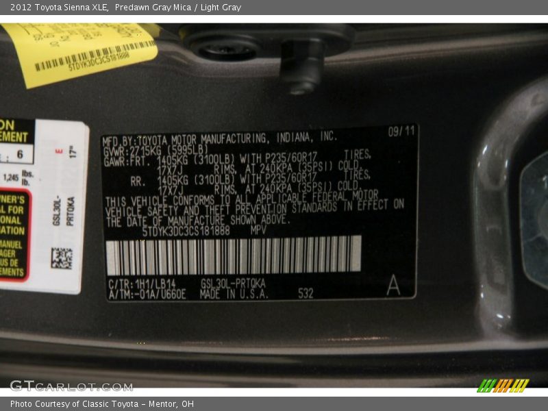 Predawn Gray Mica / Light Gray 2012 Toyota Sienna XLE