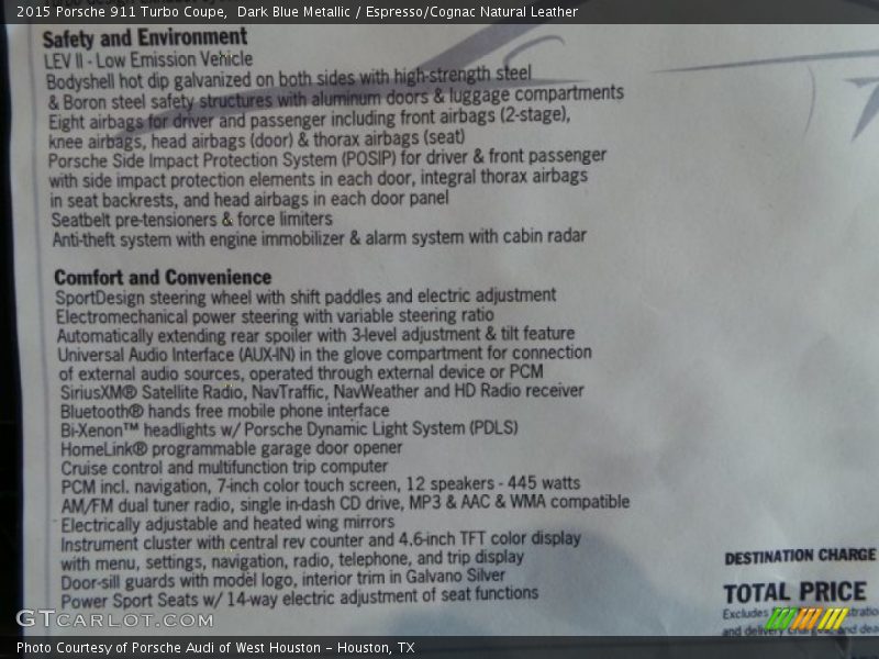 Dark Blue Metallic / Espresso/Cognac Natural Leather 2015 Porsche 911 Turbo Coupe