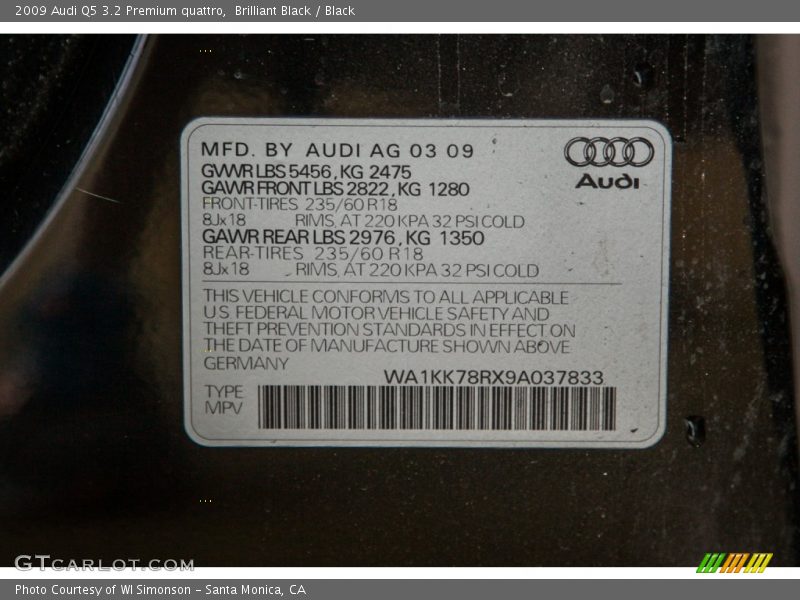 Brilliant Black / Black 2009 Audi Q5 3.2 Premium quattro