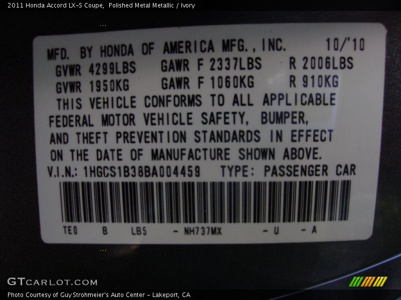 Polished Metal Metallic / Ivory 2011 Honda Accord LX-S Coupe