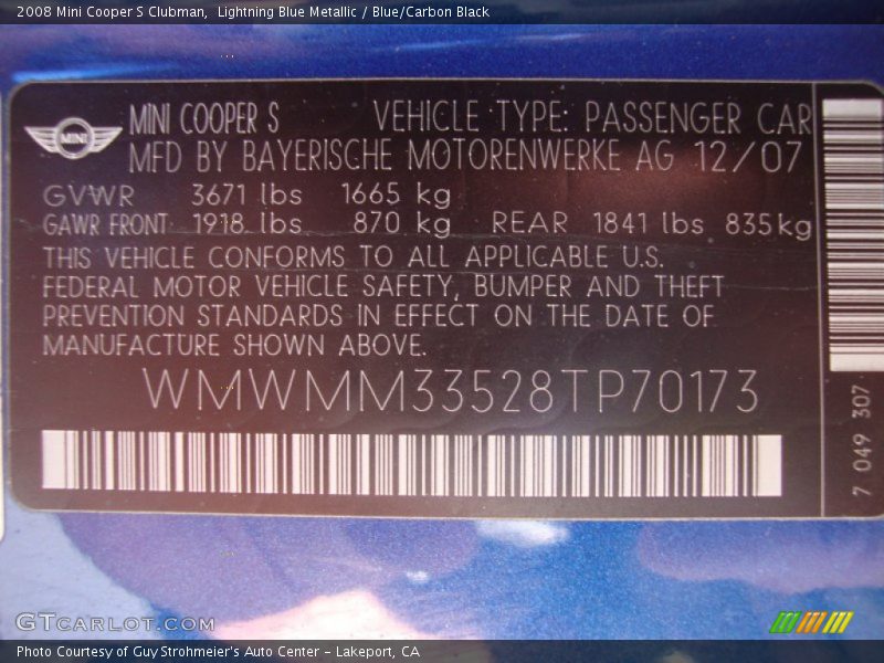 Lightning Blue Metallic / Blue/Carbon Black 2008 Mini Cooper S Clubman