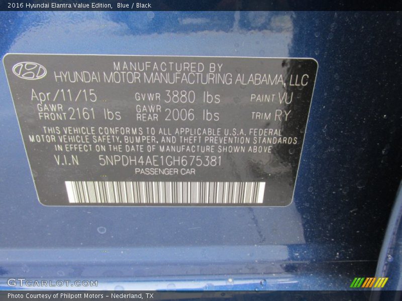 Blue / Black 2016 Hyundai Elantra Value Edition