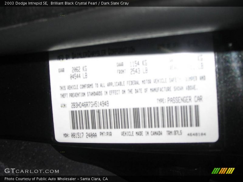 Brilliant Black Crystal Pearl / Dark Slate Gray 2003 Dodge Intrepid SE