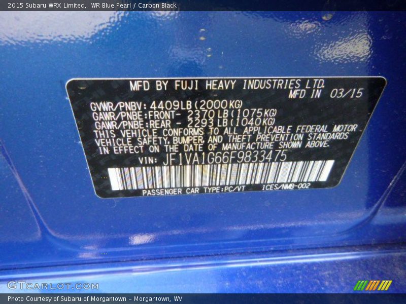WR Blue Pearl / Carbon Black 2015 Subaru WRX Limited