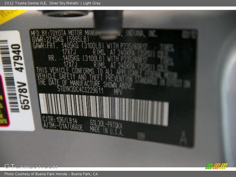 Silver Sky Metallic / Light Gray 2012 Toyota Sienna XLE