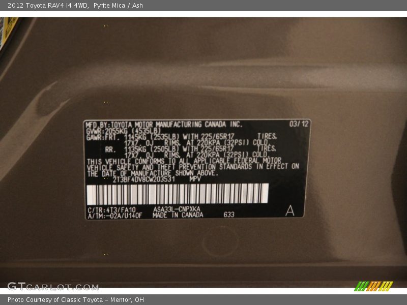 Pyrite Mica / Ash 2012 Toyota RAV4 I4 4WD